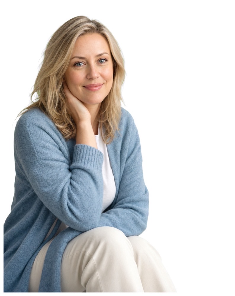 A smiling woman in a blue cardigan