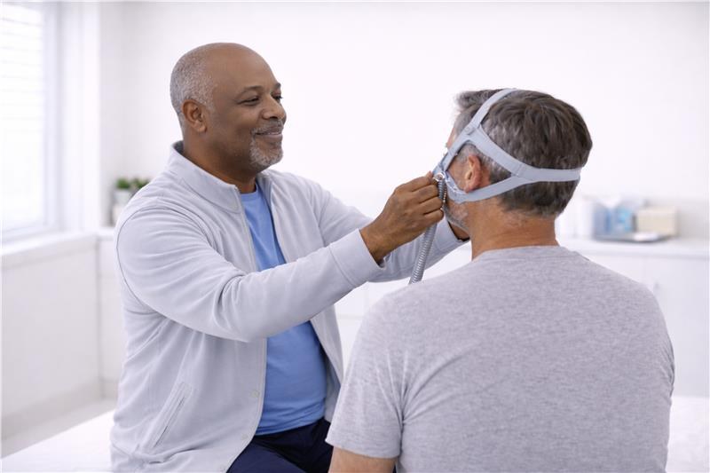 A specialist fitting a patient with a sleep-apnea therapy mask