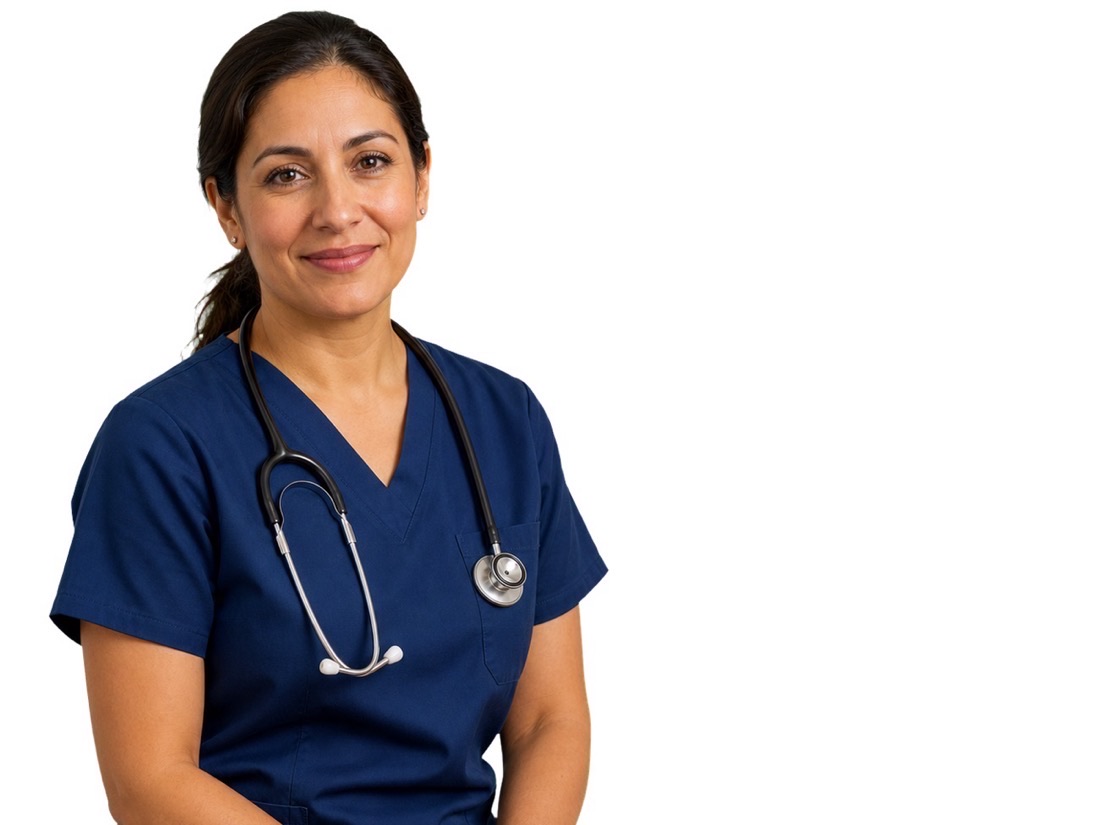 A smiling nurse in scrubs