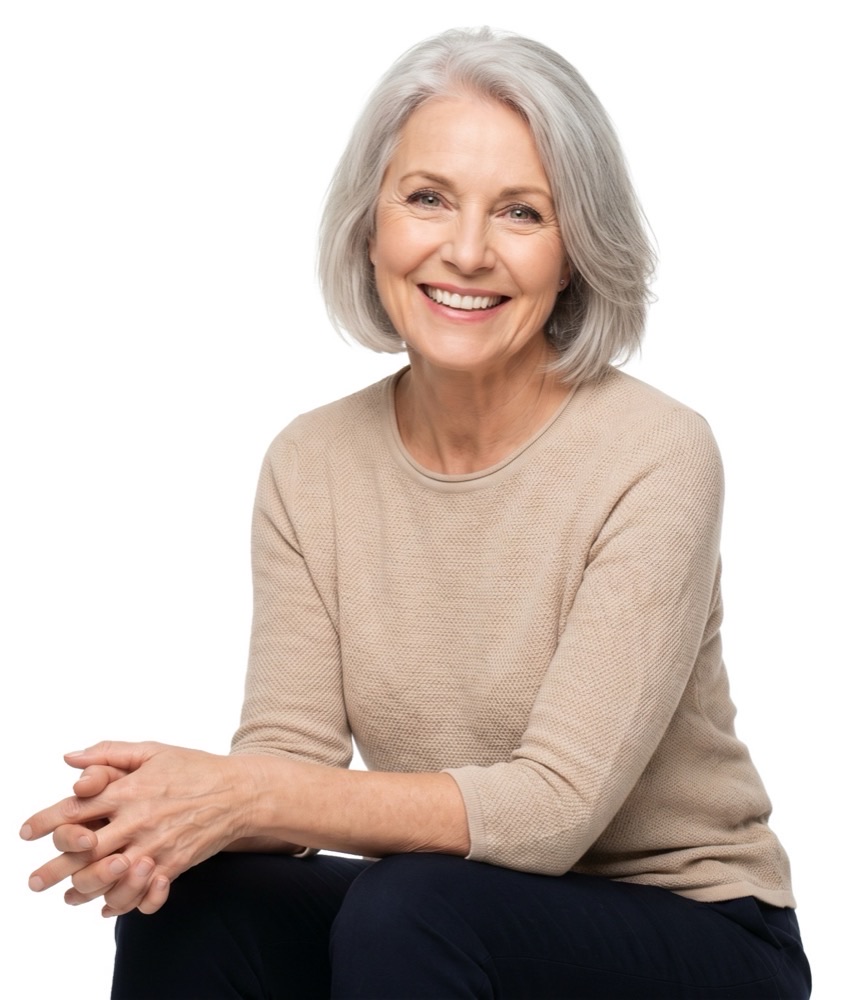 A smiling woman with silver hair